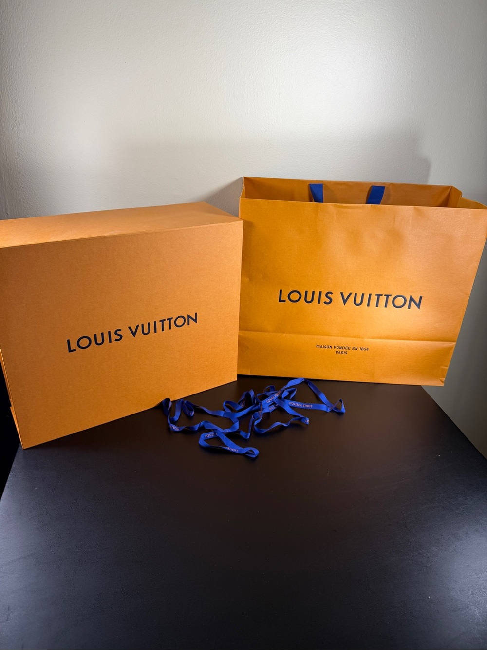 Louis Vuitton Orange Box and Bag with Blue Ribbon Accents